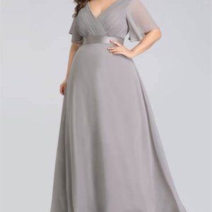 SIZE:16 EVER PRETTY GRAY FLUTTER SLV EVENING GOWN W/EMPIRE WAIST